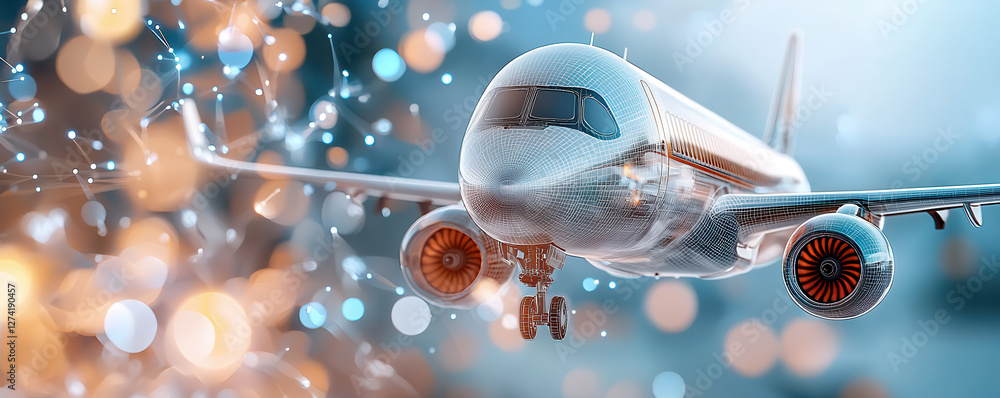 Poster photorealistic 3d blueprint hologram of passenger airplane in flight, surrounded by abstract digital