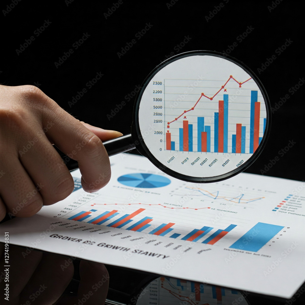 Poster a business professional analyzing data charts with a magnifying glass, examining financial reports a