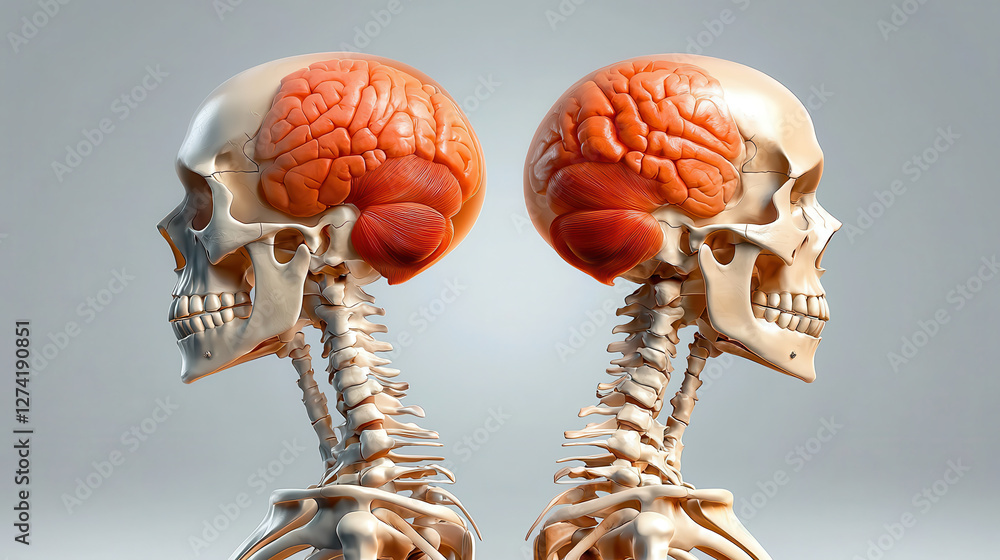Aufkleber two realistic human skeletons are shown from side, highlighting brain and skull structure. image pro