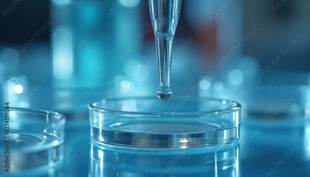 Poster close up of lab pipette dripping sample liquid into petri dish. biomedical science research concept.