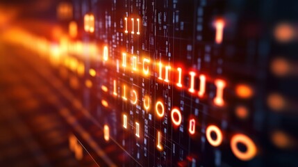 Naklejka premium An intricate depiction of a digital data stream, showcasing glowing binary code. Perfect for illustrating concepts of programming, cybersecurity, or the digital age.