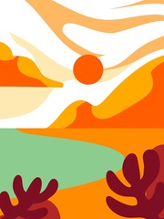 Sunset mountain landscape illustration. abstract minimalist flat design illustration of sunset view