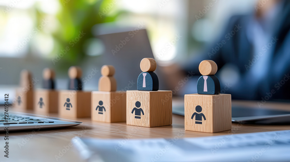 Poster wooden blocks with symbolic figures representing teamwork and business strategy are arranged on desk