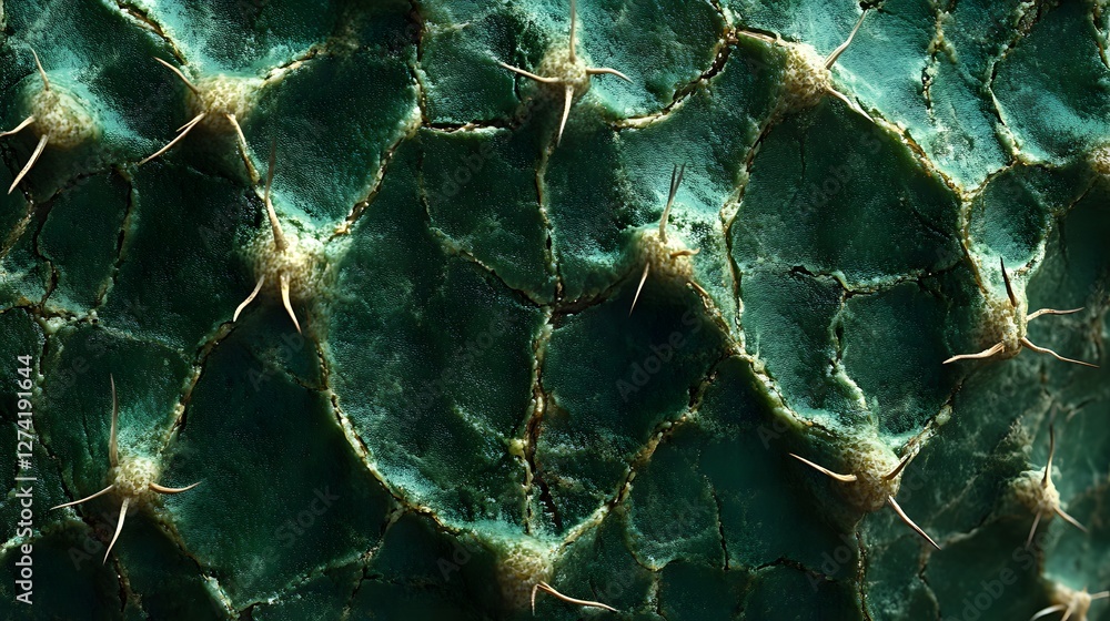 Poster Detailed macro shot of a cactus's textured surface. Deep green tones and sharp thorns are visible.