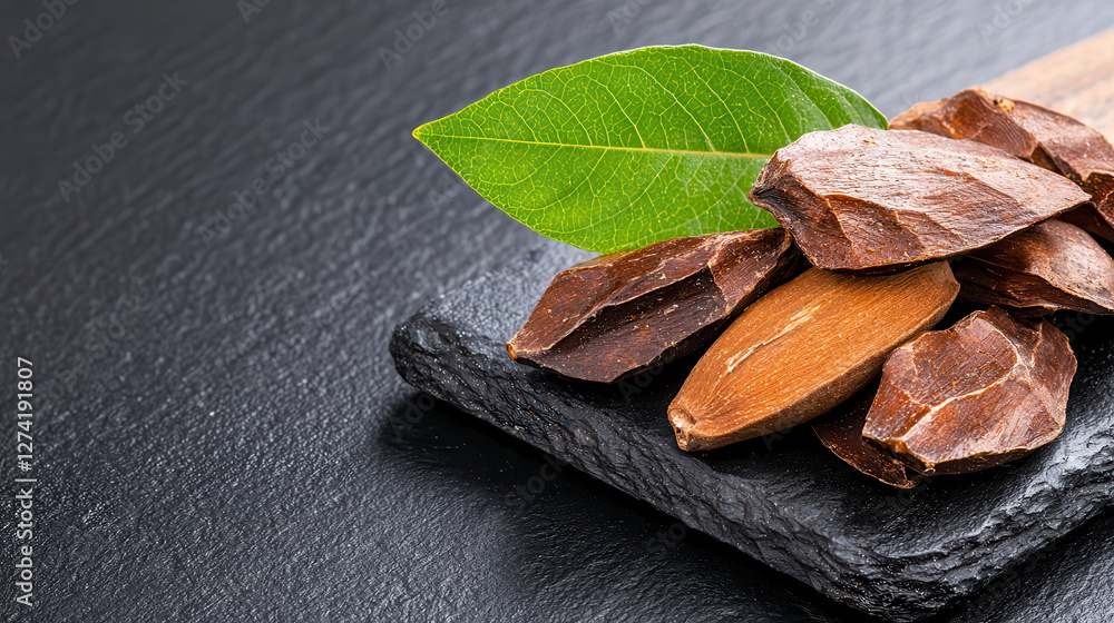 Poster tonka beans arranged artistically on black slate surface with green leaf. textured background enhanc