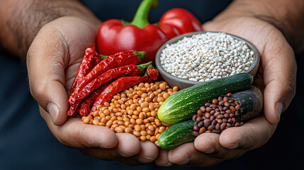 Hands holding fresh farm vegetables and grains, including red peppers, dried chilies, cucumbers, and various seeds, showcasing wholesome nutrition