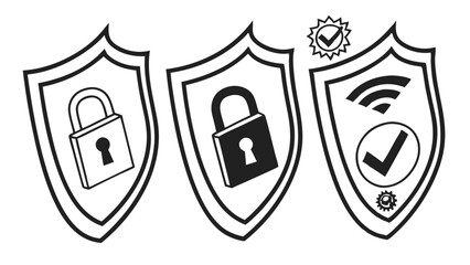 Security Shield Icons Set: Protection and Safety Symbols in Monochrome Style