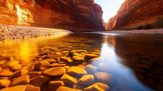 A captivating view of a serene river flowing through majestic canyon cliffs, reflecting golden hues and surrounded by smooth stones, invoking a sense of tranquility and natural bea