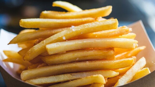 A close-up shot of golden, crispy French fries sprinkled with sea salt. Perfect for illustrating fast food, comfort snacks, and indulgent treats