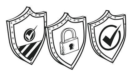 Security Shield Icons Set: Protection and Safety Symbols in Monochrome Style