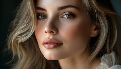 Fototapeta premium Portrait of a young woman studio setting photography soft lighting close-up beauty concept