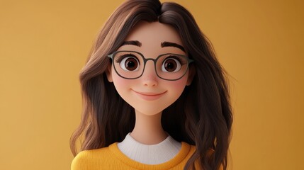 Smiling girl, glasses, yellow background, 3D render, avatar
