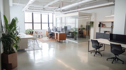 Modern open office interior with plants and desks