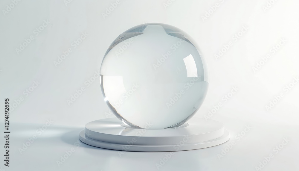Poster Crystal clear glass dome sphere on white podium background. Round transparent bubble, shiny display shield presents fragile gleam. Guard dazzles with sheen, preserves showcasing round case.
