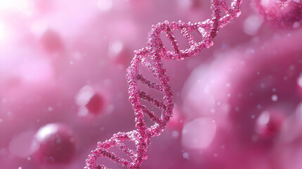 A close-up of a DNA double helix in a pink background, symbolizing life, genetics, and molecular biology.