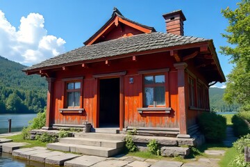 Naklejka premium Charming Red Wooden Lakeside Cabin with Stone Steps and Mountain View
