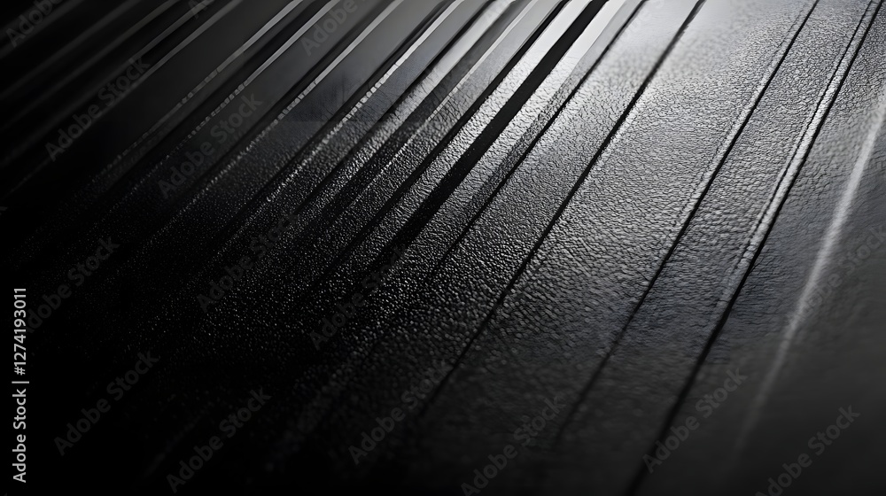 Aufkleber Close-up of a textured black surface with diagonal lines and grooves. Abstract background image. Abstract Black Texture: Diagonal Lines and Grooves