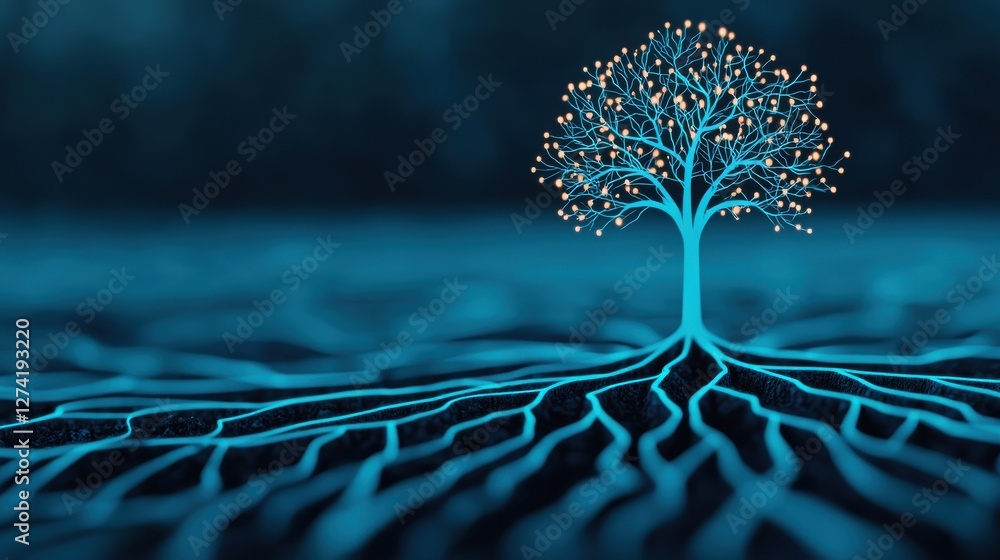 Poster mystical glowing tree with intricate rooted network in moody atmosphere