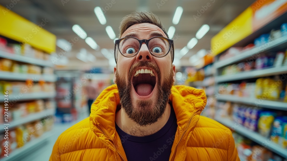 Poster man in a yellow jacket is smiling and laughing in a store. he is surrounded by shelves of food and o