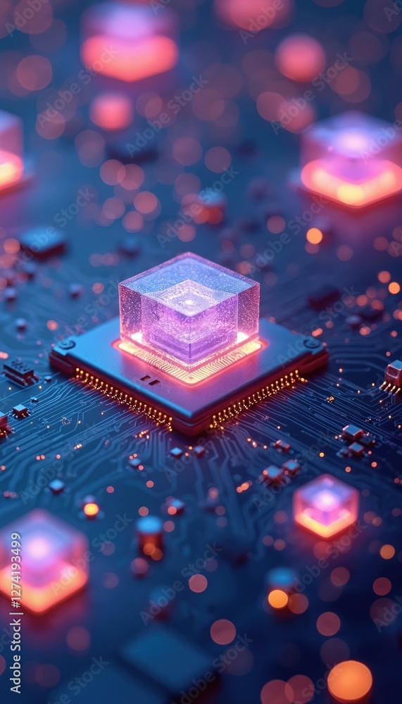 Aufkleber Illustration of quantum computer processing units, superconducting circuitry, quantum particles. Network of entangled Qubits, quantum bits tech concept. Glowing cubic chips, Ai art. Innovation tech
