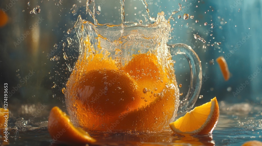 Poster orange slices splashing into refreshing pitcher of juice