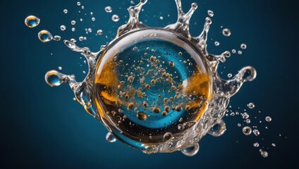 Colorful water drops, ice cubes in a glass on the table
