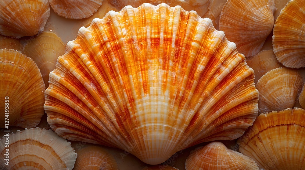 Aufkleber a captivating close-up of a vibrant orange scallop shell, showcasing intricate details and texture. 