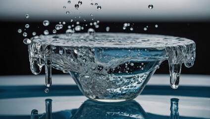 Colorful water drops, ice cubes in a glass on the table