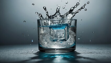 Colorful water drops, ice cubes in a glass on the table