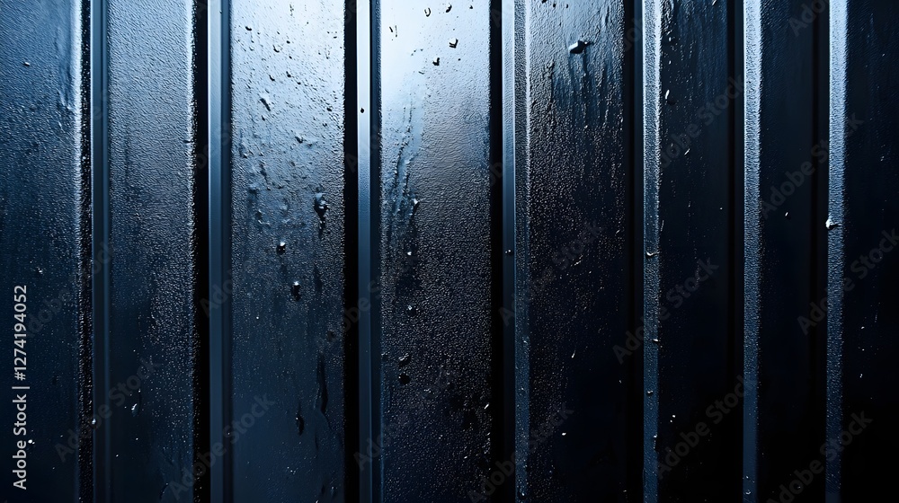 Poster close-up of a dark blue corrugated metal texture with water droplets. moody and abstract. dark moody