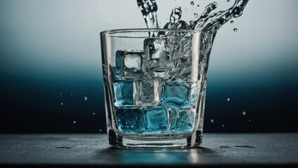 Colorful water drops, ice cubes in a glass on the table