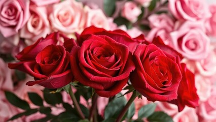 Obraz premium Velvety red roses unfolding against a soft floral backdrop, pink roses, botanicals, decorative element