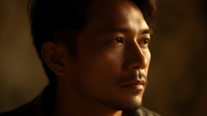 Reflective moment of a thoughtful man intimate setting portrait warm lighting close-up self-discovery