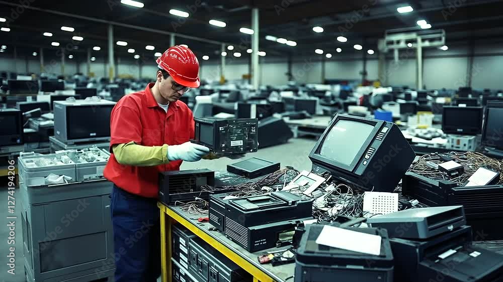 Poster A worker sorting various old electronics like outdated monitors and phones, with piles of tech debris in a large, dimly lit warehouse environment