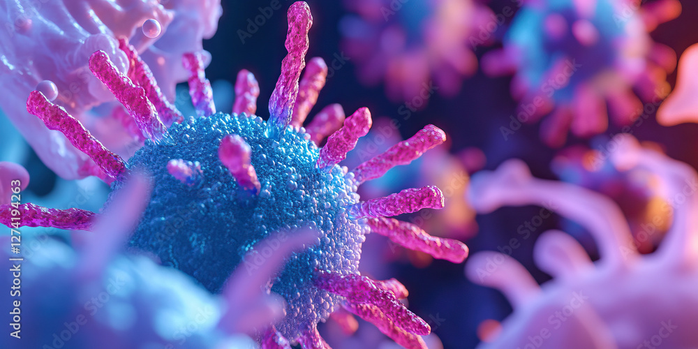 Poster microscopic rendering of virus particle with spiked surface