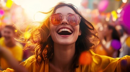 Woman wearing sunglasses and a yellow shirt is smiling and surrounded by people. Concept of...