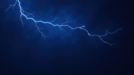 Dramatic Night Sky Featuring a Single Lightning Bolt with Branching Patterns Across a Deep Blue Canvas