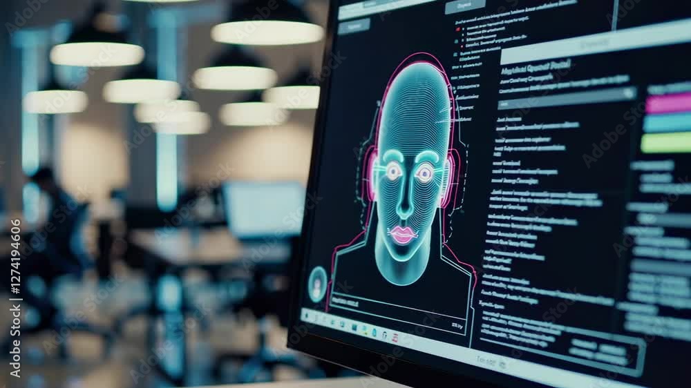 Poster Advanced security software analyzes a 3d face model, performing biometric identification and verification in a modern office environment, shown in slow motion