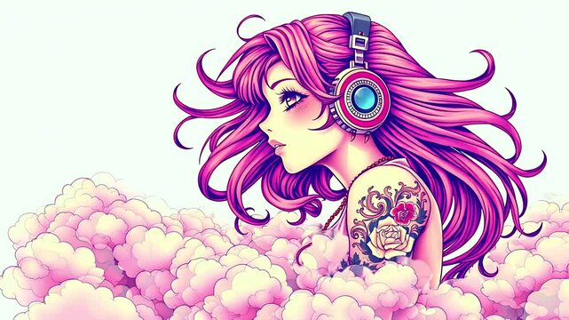 An anime girl with vibrant pink hair wearing headphones, floating in dreamy pastel clouds. Seamless looping time lapse animation video background.  
