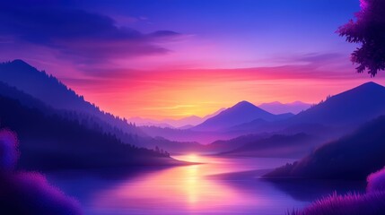 Fototapeta premium A breathtaking landscape featuring serene mountains and a tranquil lake under a vibrant sunset. The colors blend softly, creating a peaceful atmosphere perfect for relaxation.