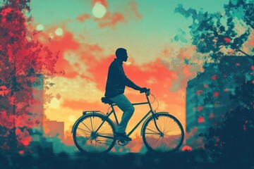 Obraz premium Silhouette of a man cycling at sunset, city skyline in background.