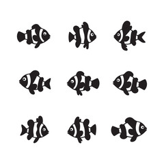 Stylized clownfish silhouettes, black and white graphic design 