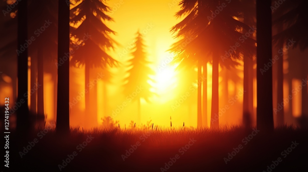 Poster a serene forest scene bathed in golden sunlight as it filters through tall pine trees, creating a pe