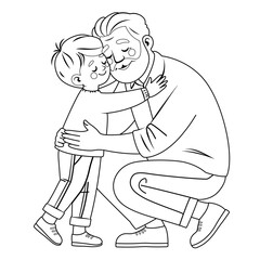A little boy warmly hugs his grandfather, children's coloring