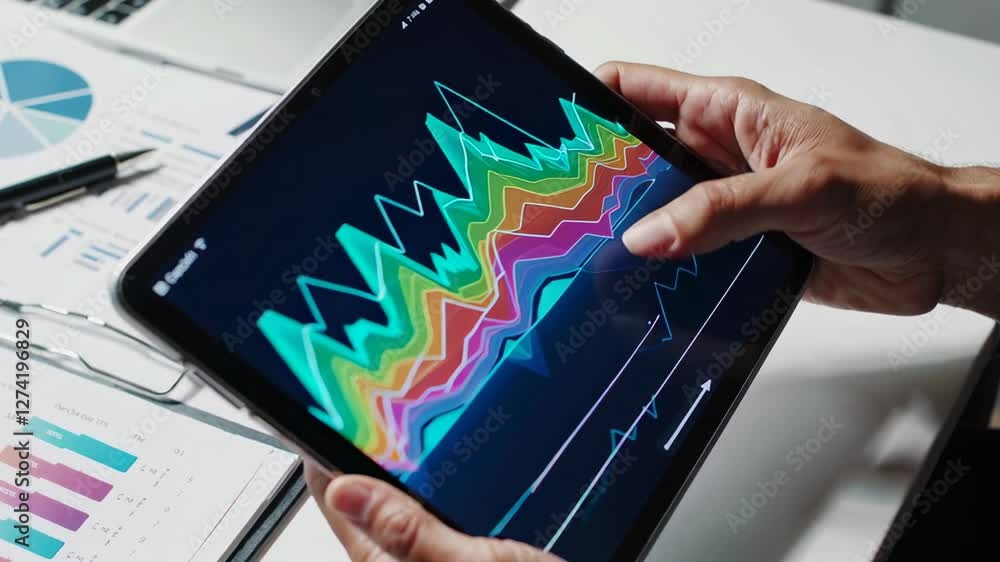 Poster Businessman reviews colorful charts and graphs on a tablet, navigating data with his finger in a slow motion sequence, indicating detailed financial analysis