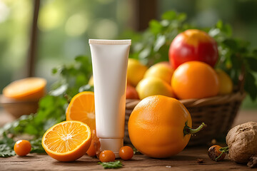 A white tube of cream placed among fresh oranges and other fruits, suggesting a natural or fruit-based product