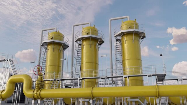 Petroleum industrial zone includes facilities such as fractionation towers, pipelines, steel pipes, and oil tanks. Time lapse. 3d rendering
