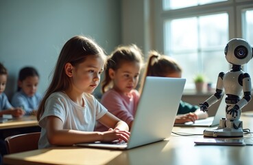 Fototapeta premium Kids in classroom use laptops. Robot assists girl studying in class. Children learn with AI tech. Modern education, learning solutions, school programming, future, lesson concept. Robot teacher