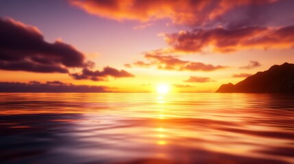 A stunning sunset over a calm ocean, with vibrant colors reflecting on the water's surface. The silhouette of distant mountains adds depth to this breathtaking landscape scene.