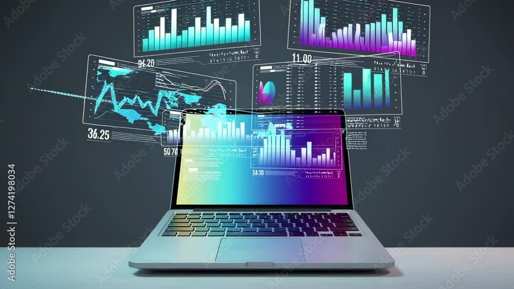 Poster finance charts and world map projections are emerging from a laptop screen placed on a gray desk, cr